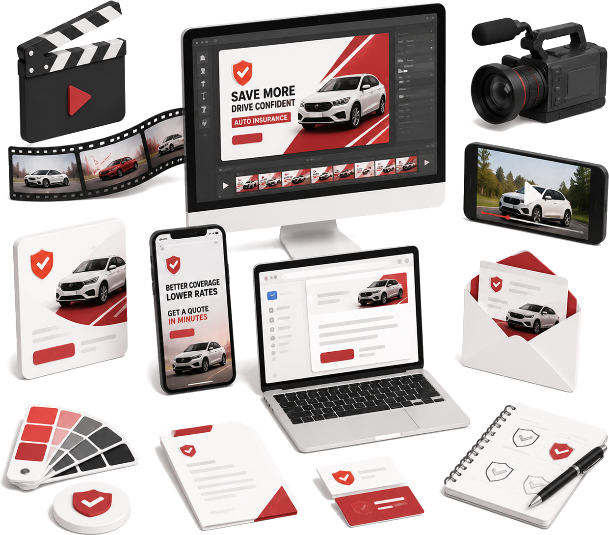 Digital marketing icons orbiting globe on red background